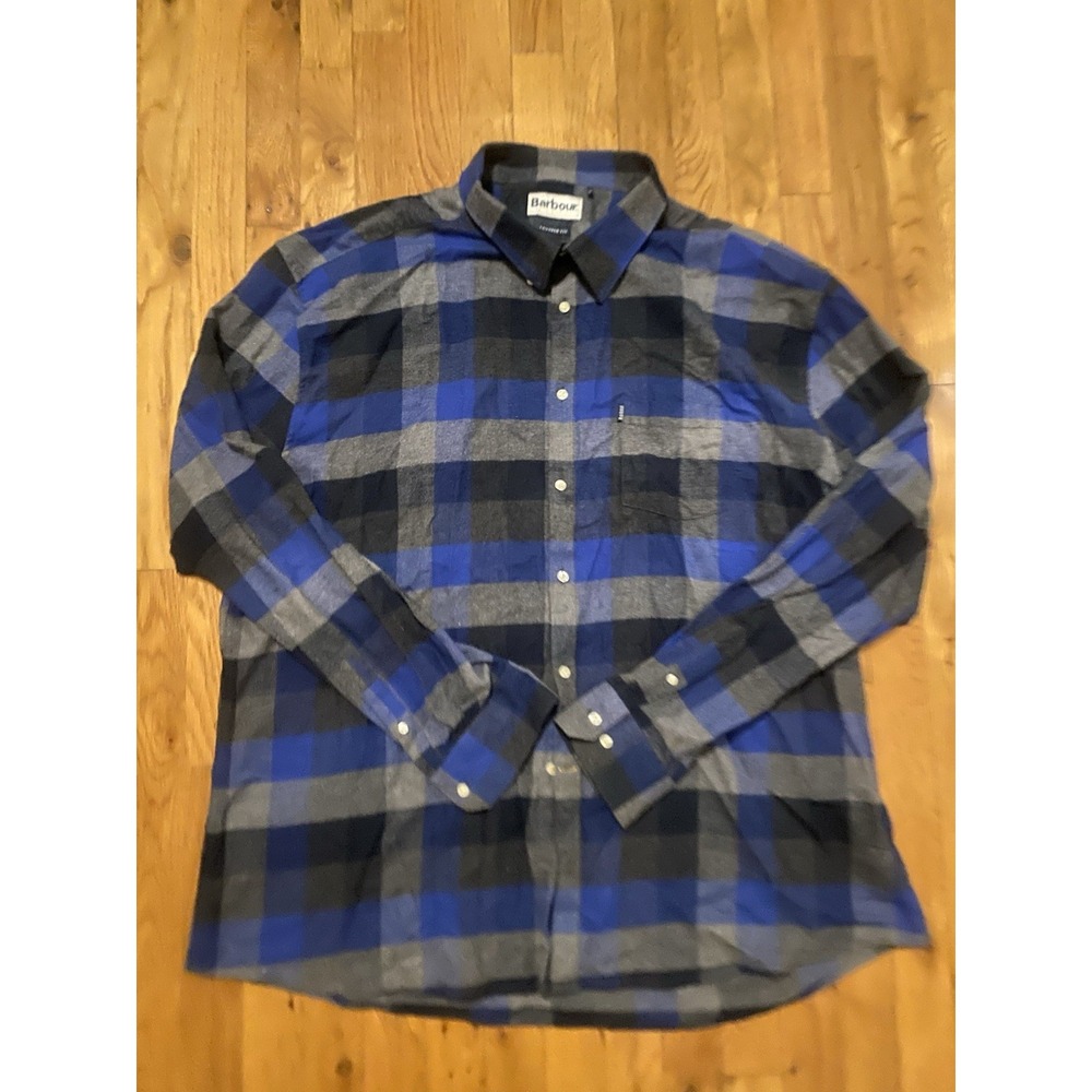 Barbour Flannel Shirt Mens XXL Blue Gray Plaid Tailored Fit Stapleton Button Up